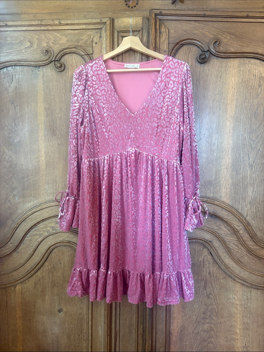 New In Leopard Velvet Ruffled Holiday Mini Dress - Picture 4 of 11